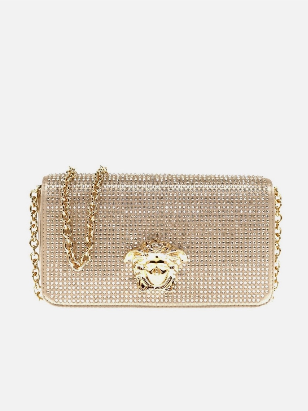 Versace Gold Crystal-Embellished Crossbody Bag with Medusa Plaque